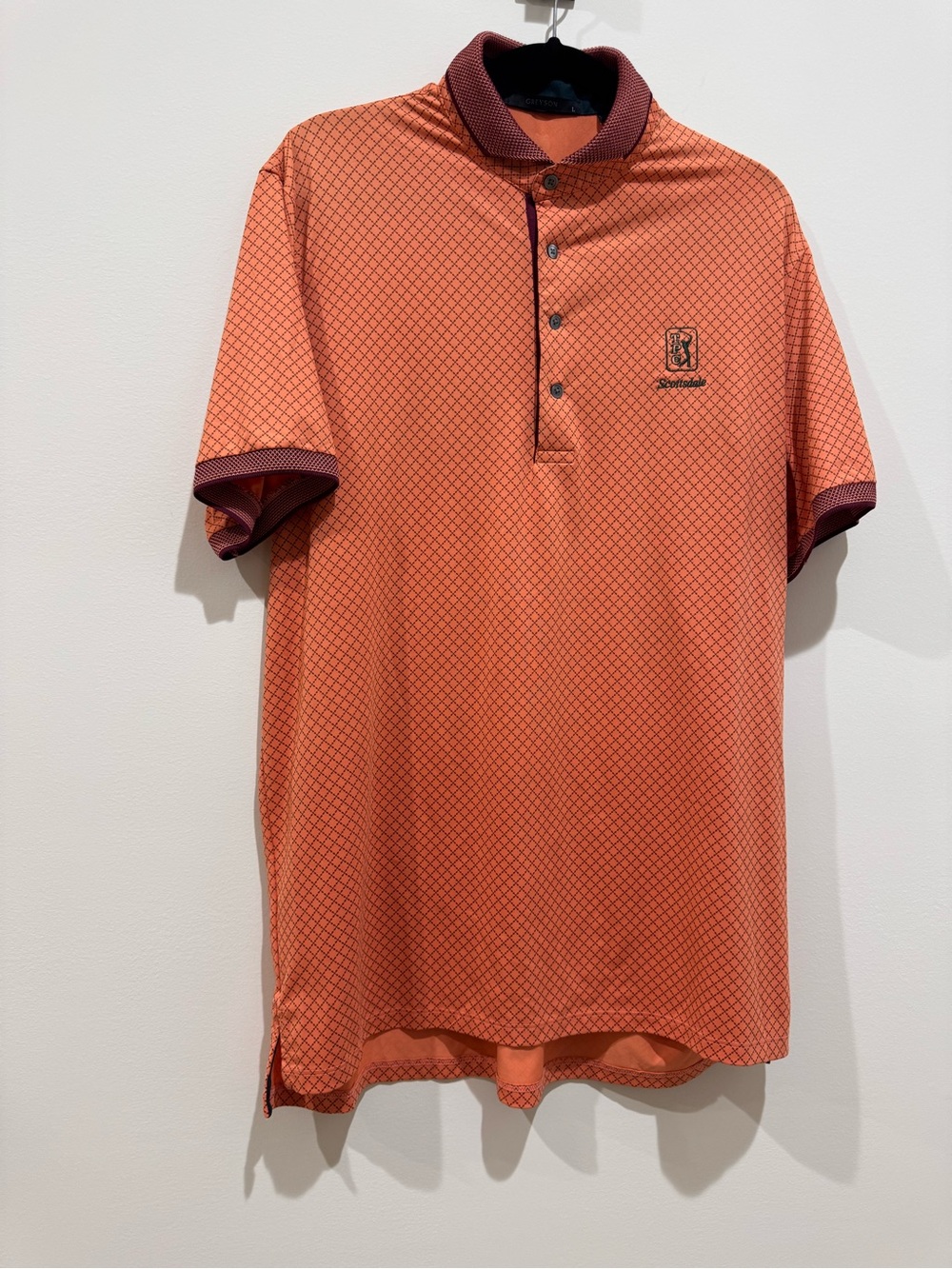 Greyson Scottsdale Orange Geo-Print Polo with Burgundy Trim size L LIKE NEW